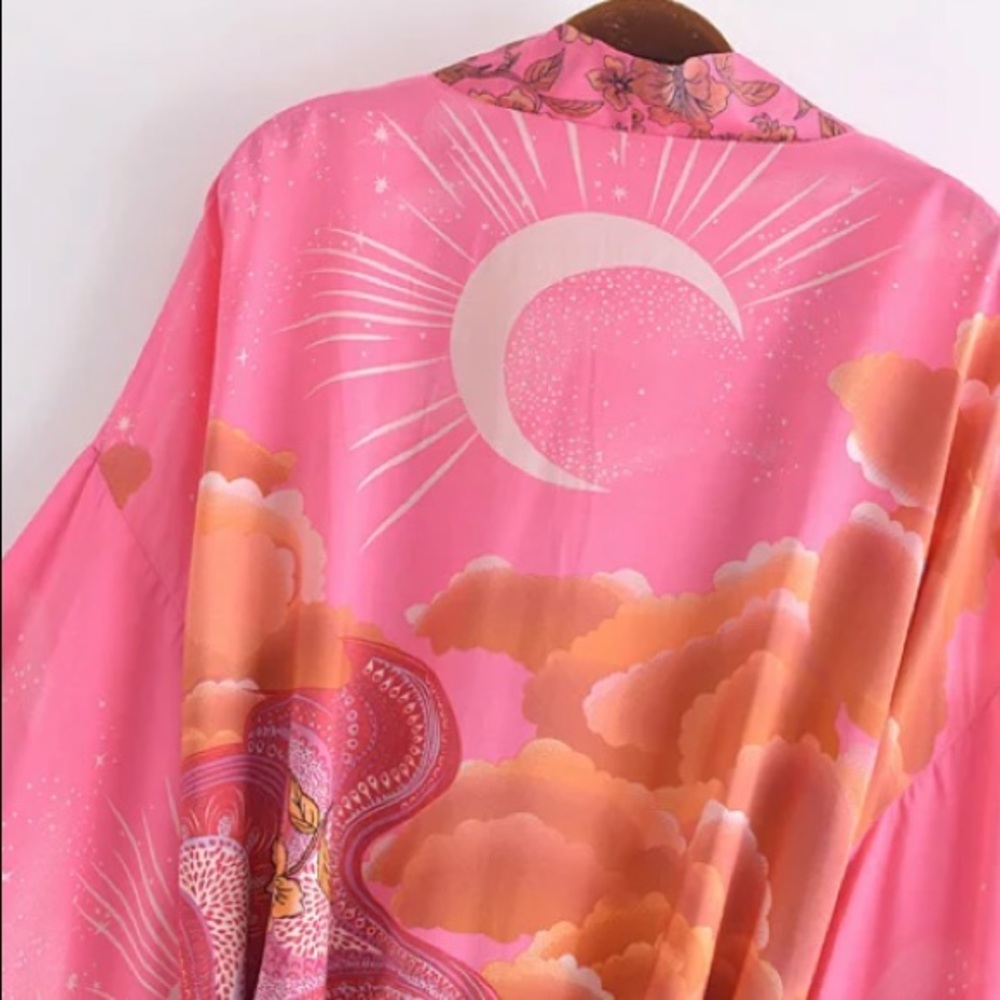 SOLD OUT Fuchsia Pink Cosmic Galaxy Moon Boho Short Kimono Coverup Robe - Picture 5 of 10